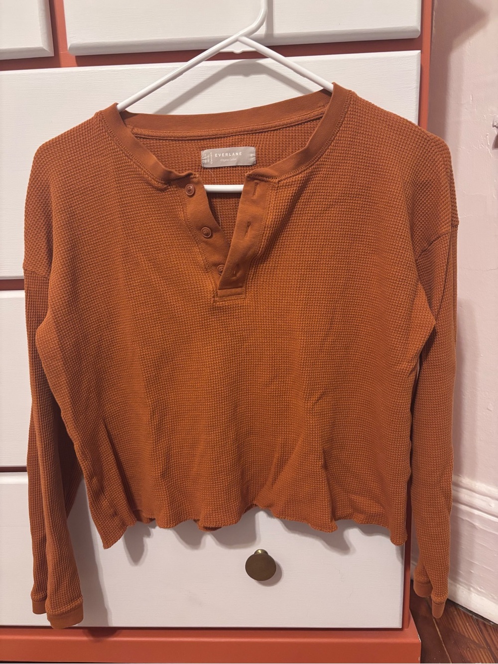 Everlane Long-Sleeve Waffle Henley Top — Rust Orange